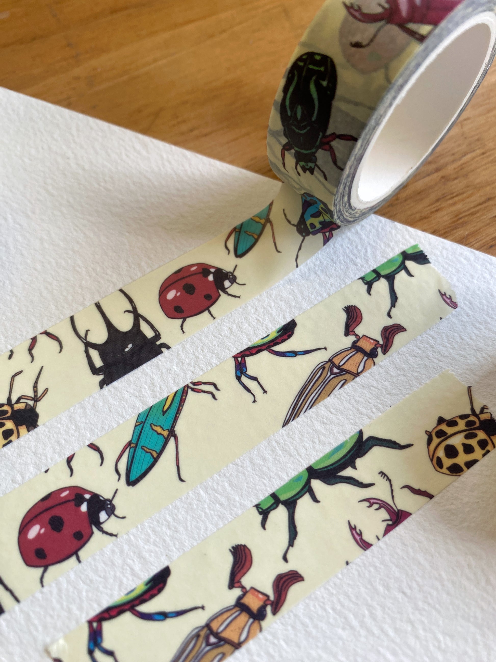 Roll of washi tape with beetle drawings on it.