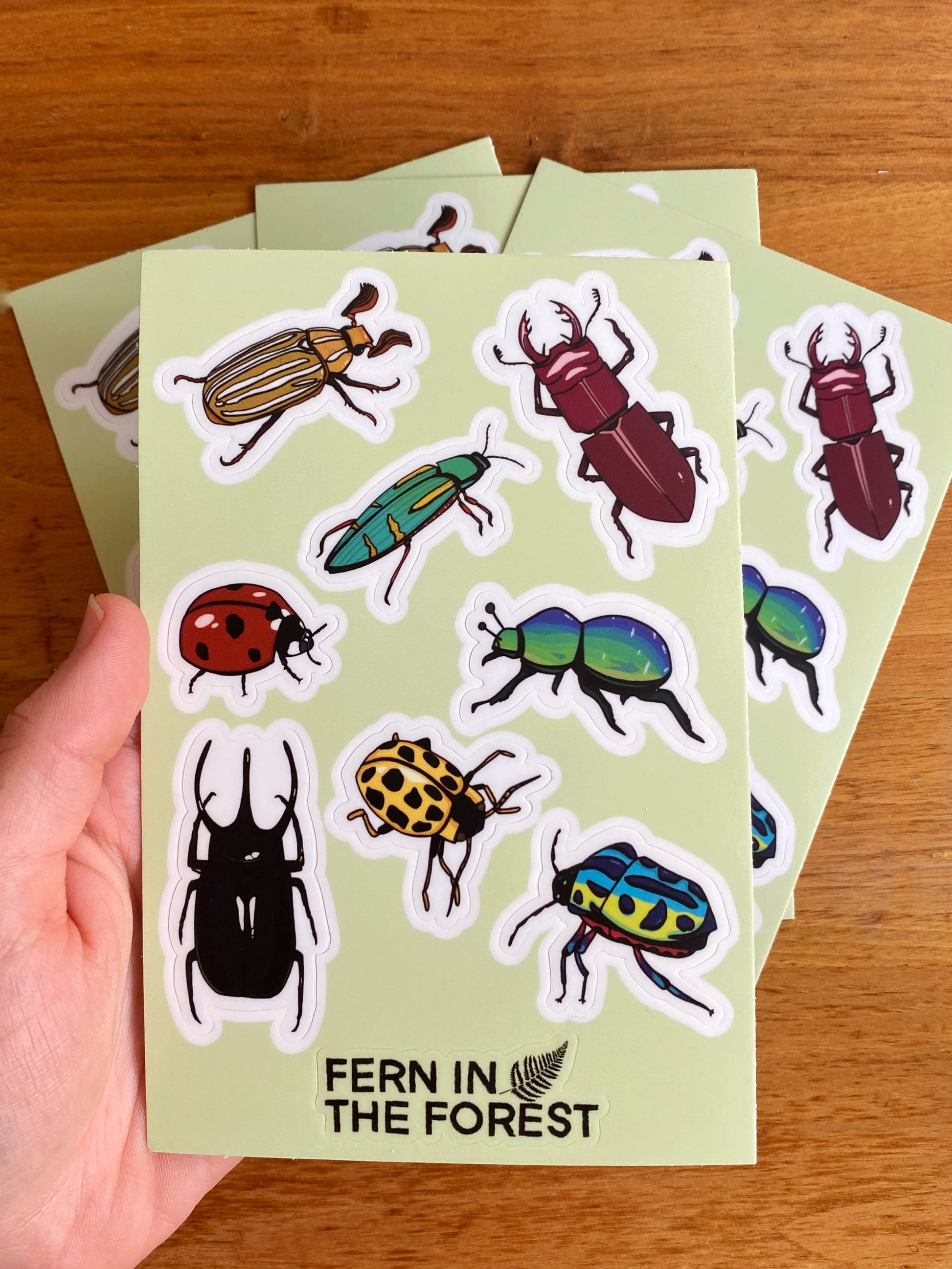 Waterproof 4" x 6" beetle sticker sheet.