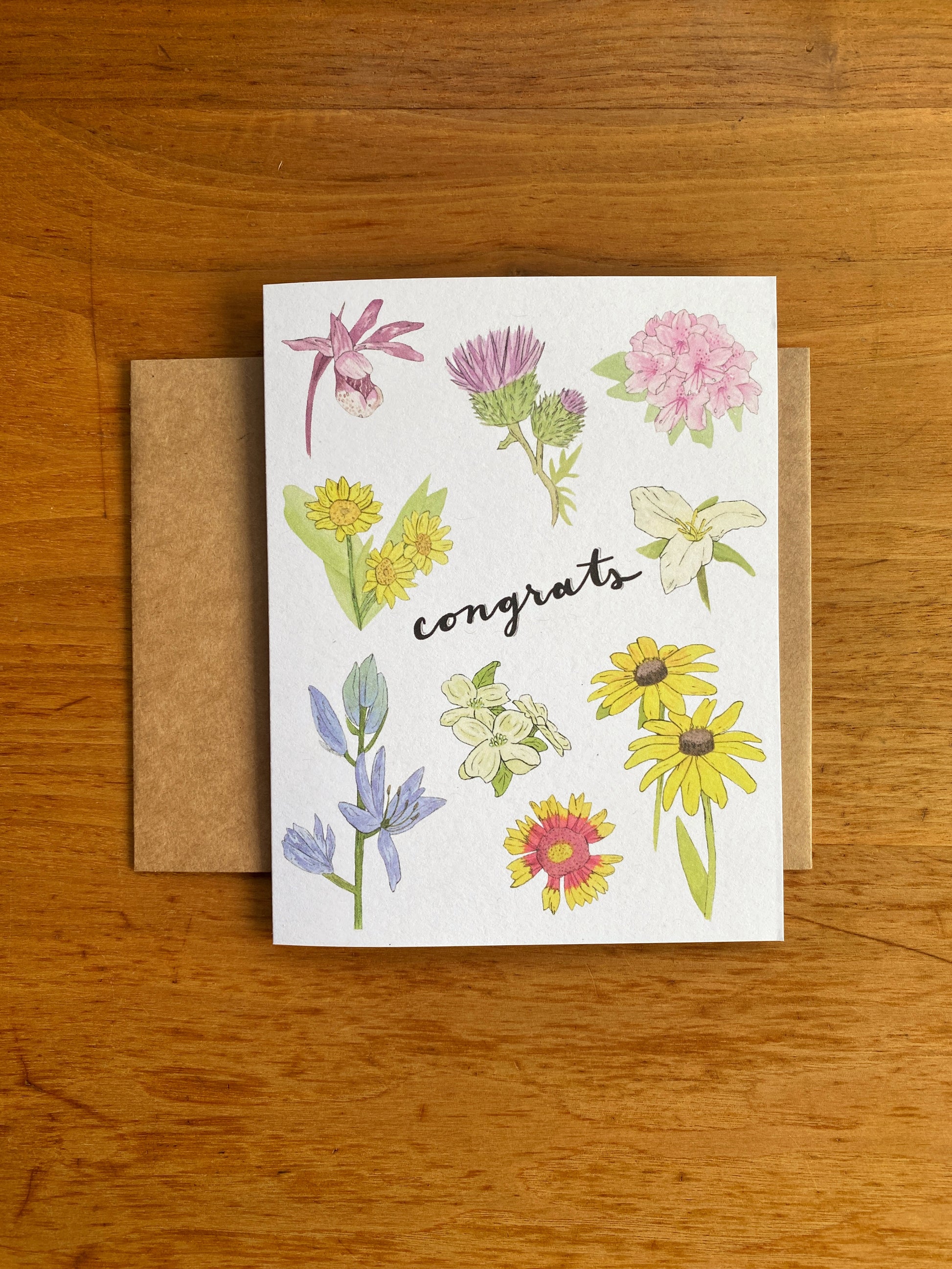 Watercolor wildflower greeting card that says "Congrats"