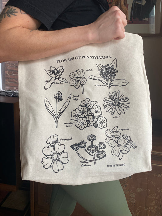 100% cotton Pennsylvania wildflower tote bag with 9 wildflowers labelled