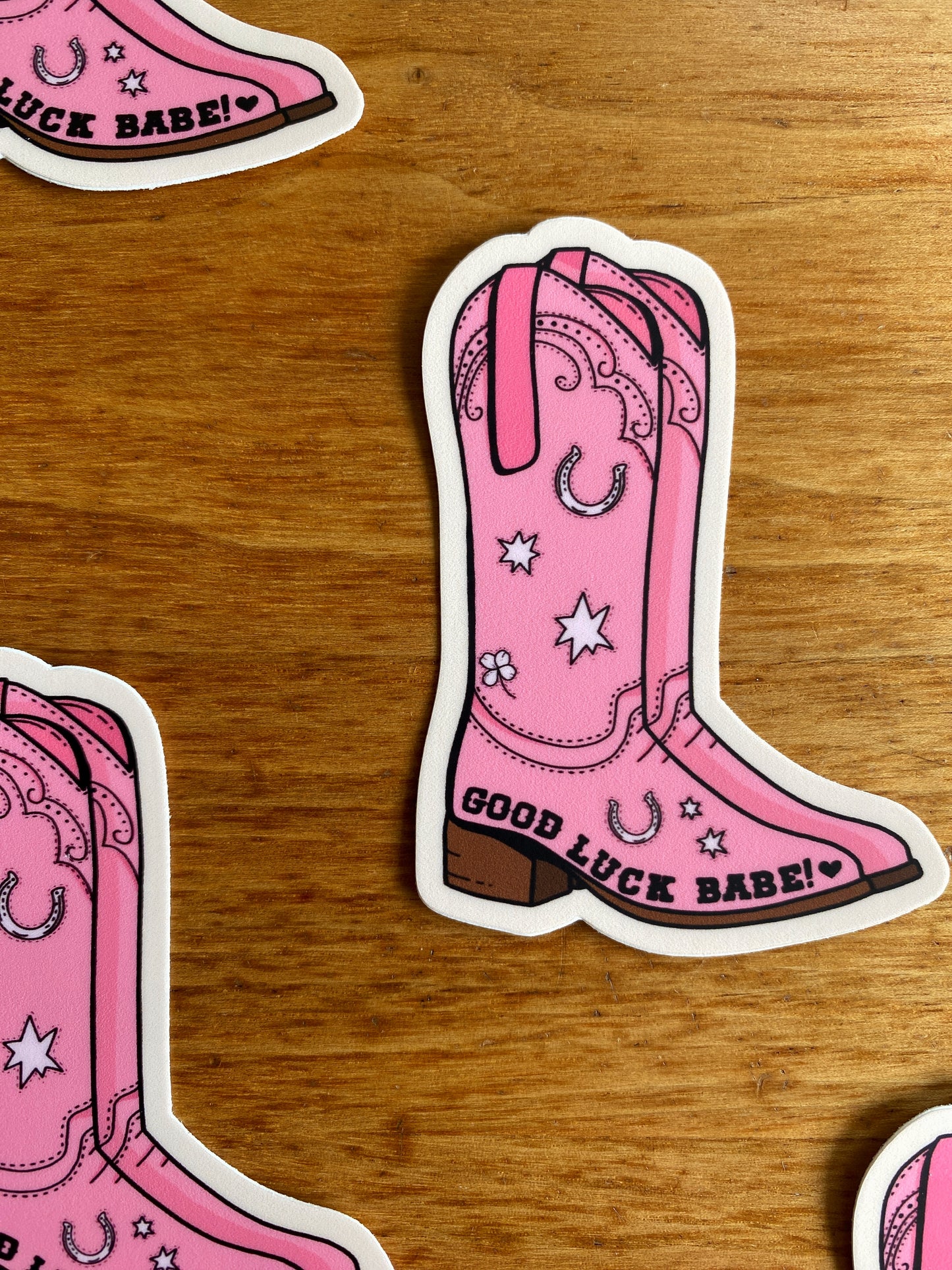 Chappell Roan fan art waterproof sticker of a pink cowboy boot that says "Good Luck Babe"