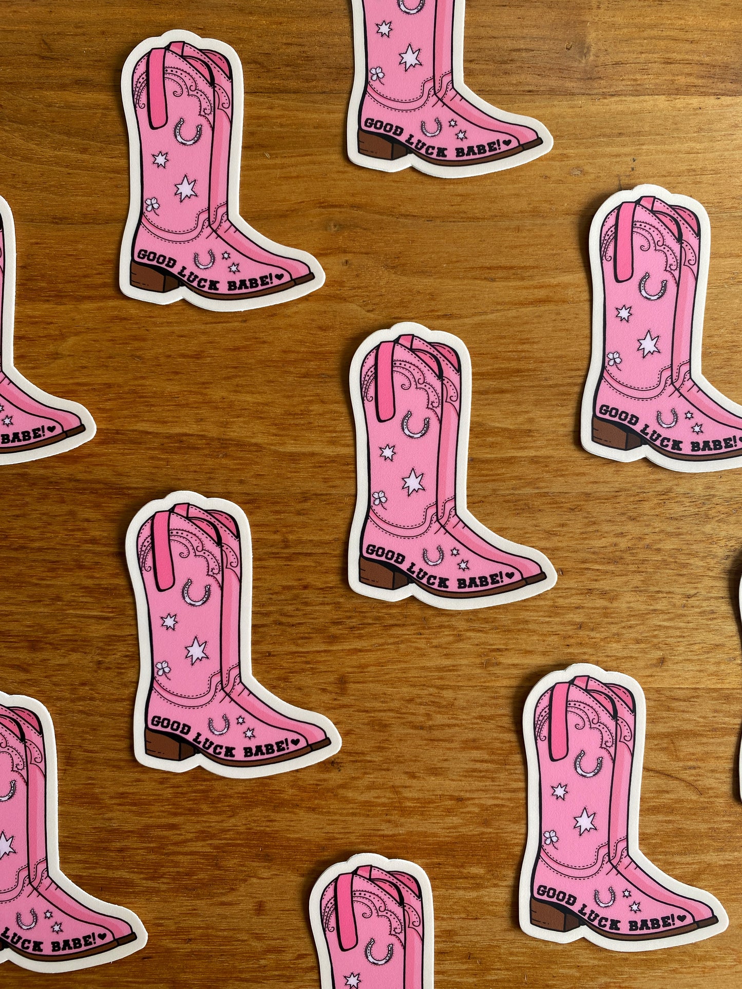 Chappell Roan fan art waterproof sticker of a pink cowboy boot that says "Good Luck Babe"