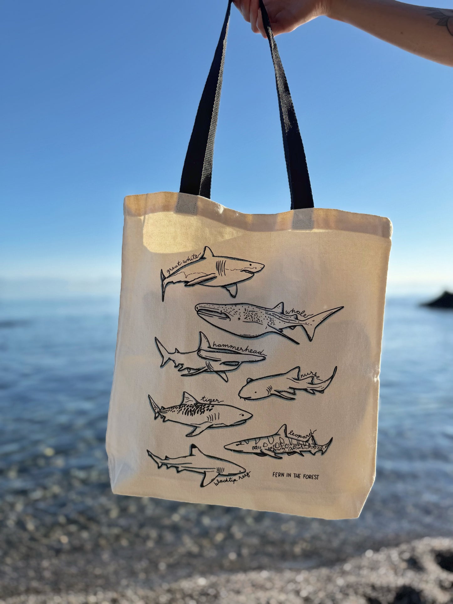 A cream-colored canvas tote bag with black handles, featuring a black line art print of various sharks with icy blue accents, held by a hand against a beach and ocean background.