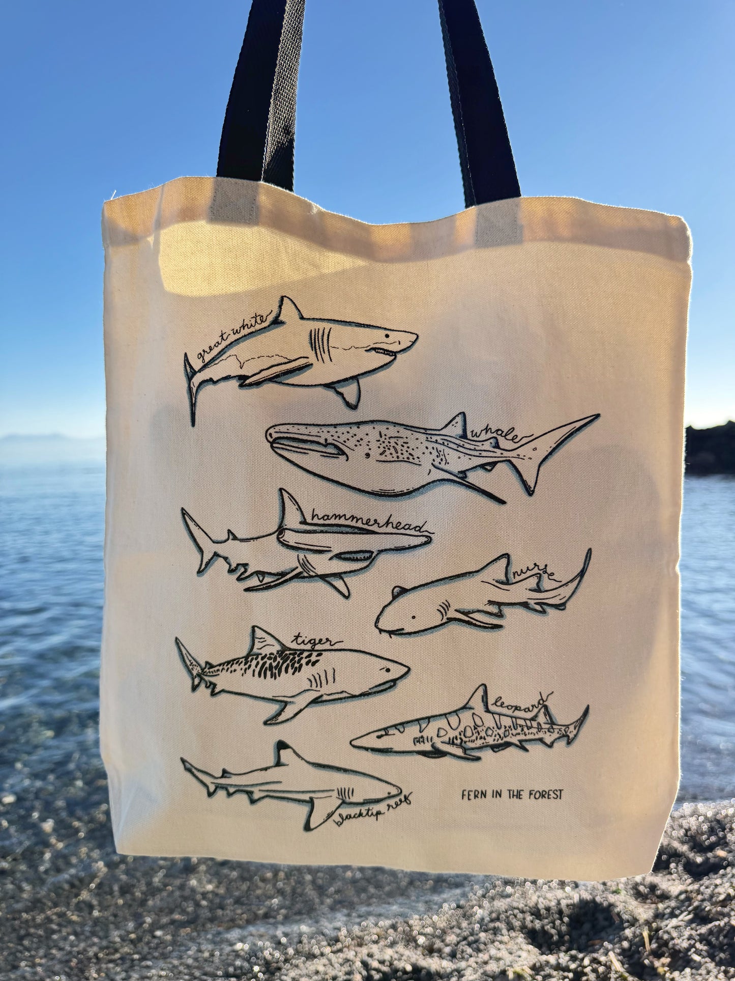 A cream canvas tote bag with black handles, featuring black line-art illustrations of various sharks with icy blue accents with handwritten labels, set against a beach and ocean background.