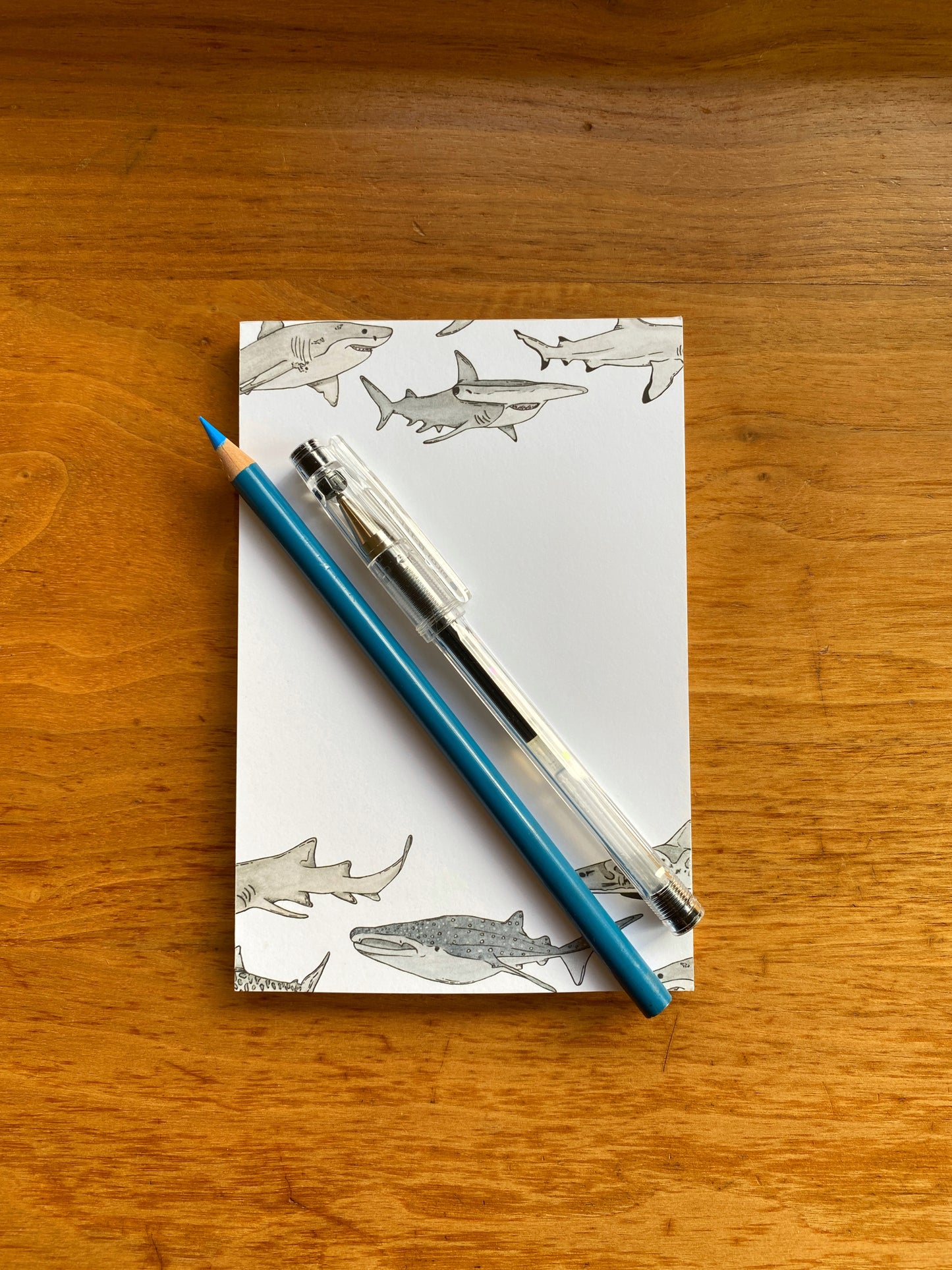 4" x 6" blank notepad with watercolor sharks