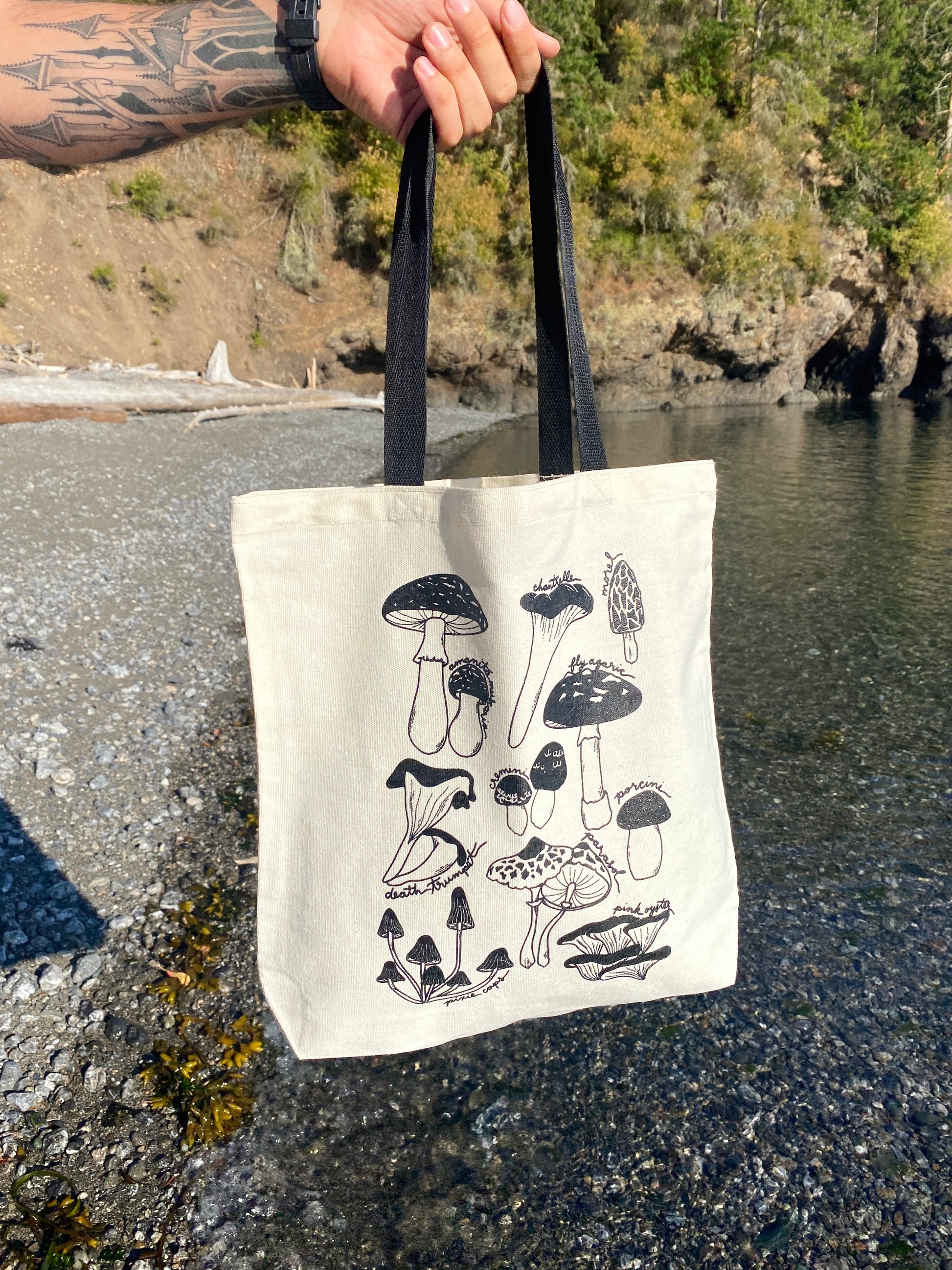 Screen printed mushroom tote bag