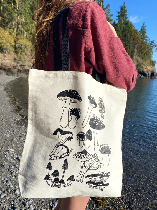 Screen printed mushroom tote bag