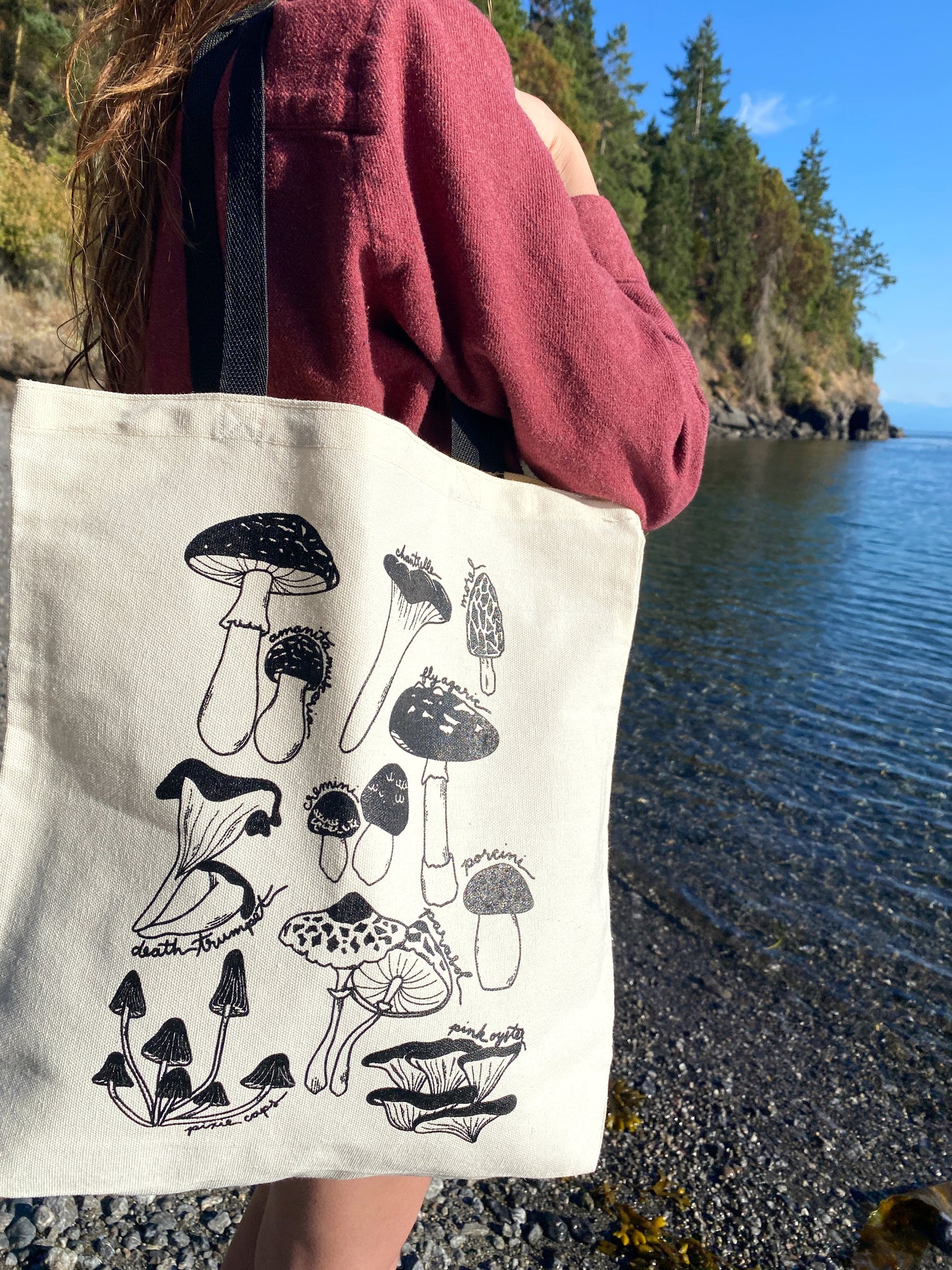 Screen printed mushroom tote bag