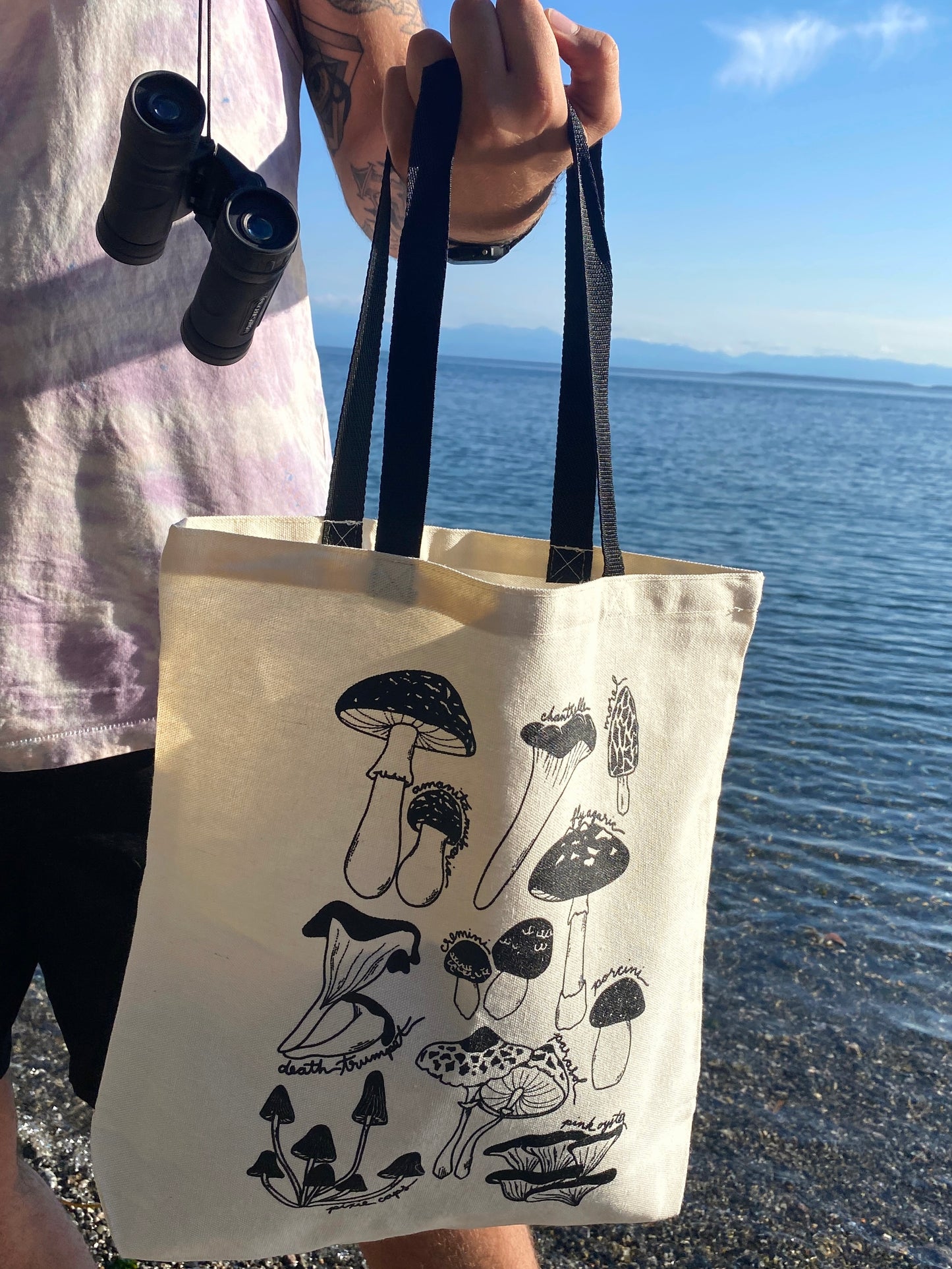 Screen printed mushroom tote bag