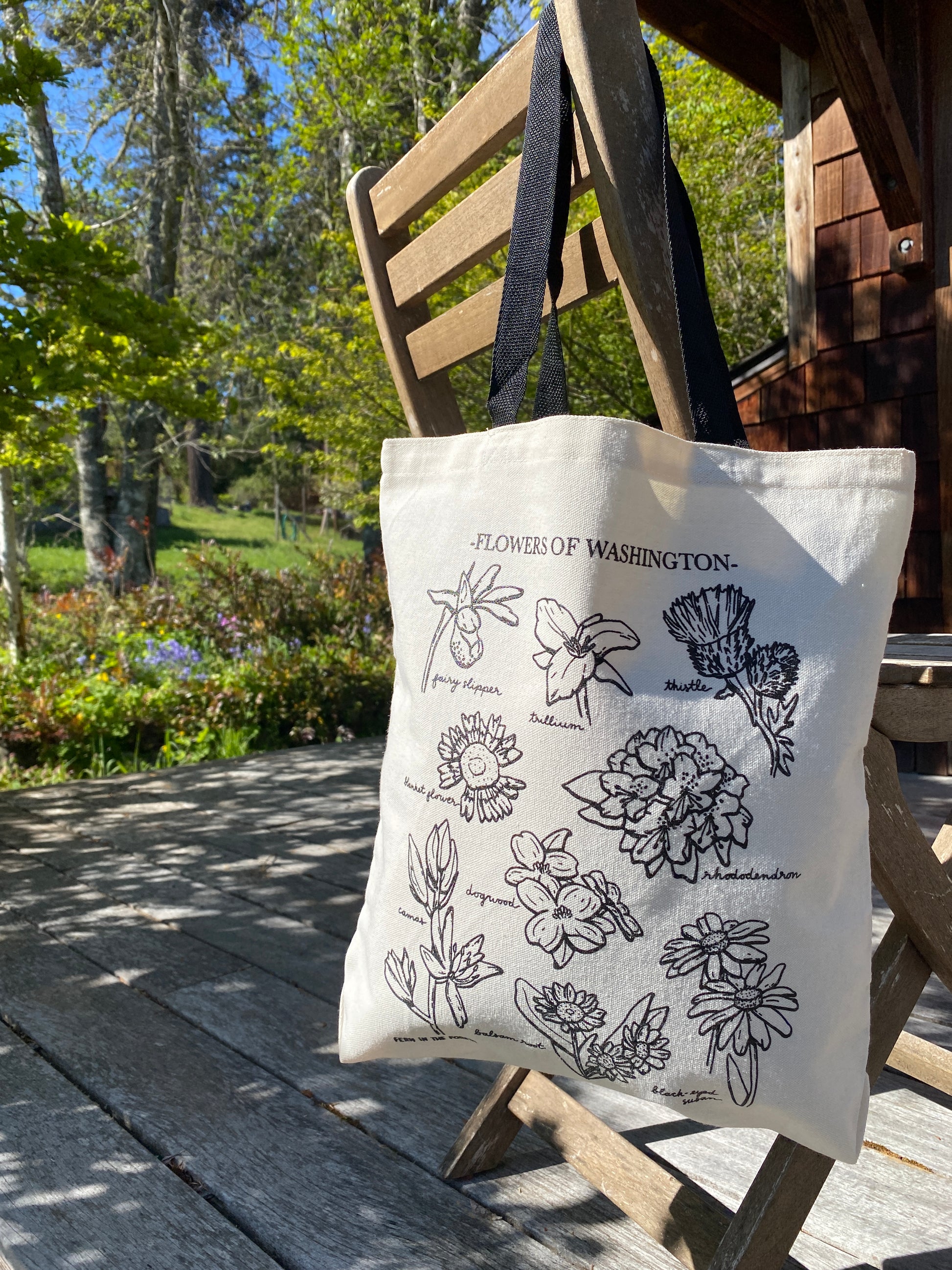 100% Cotton Washington Wildflower Tote Bag with 9 wildflowers labelled