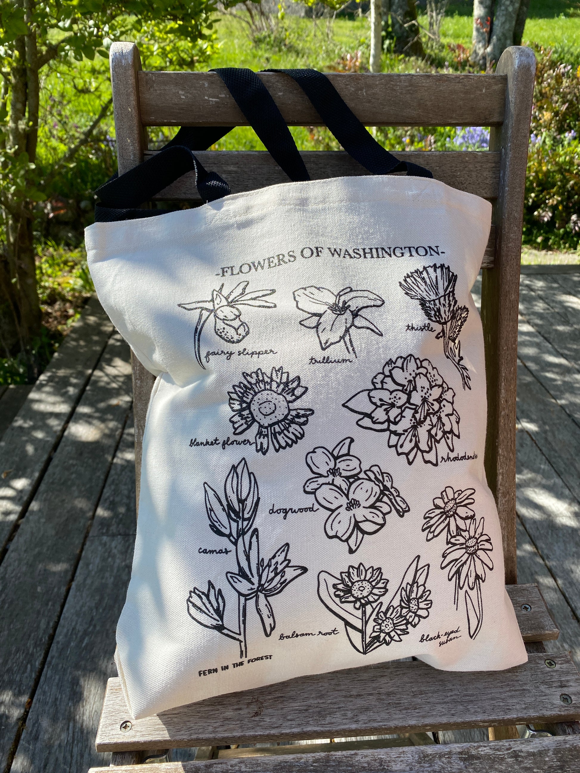 100% Cotton Washington Wildflower Tote Bag with 9 wildflowers labelled