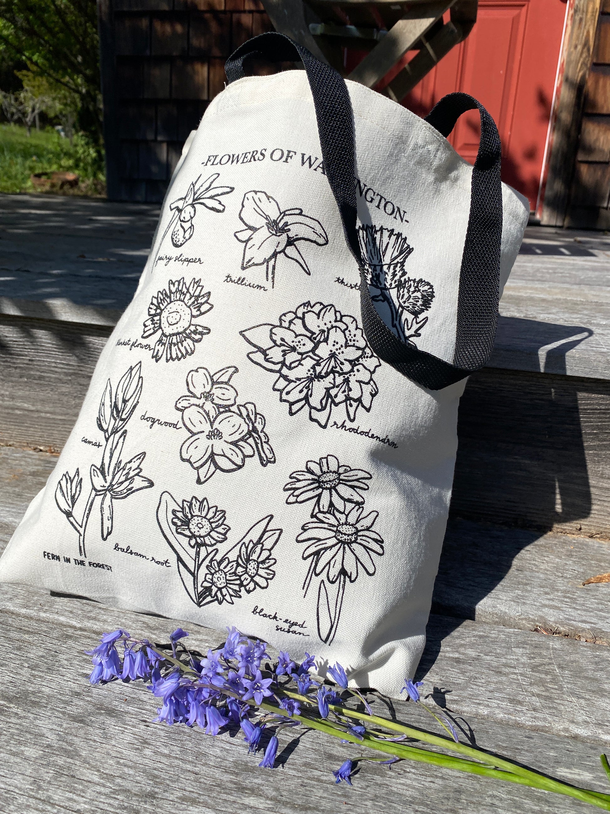 100% Cotton Washington Wildflower Tote Bag with 9 wildflowers labelled