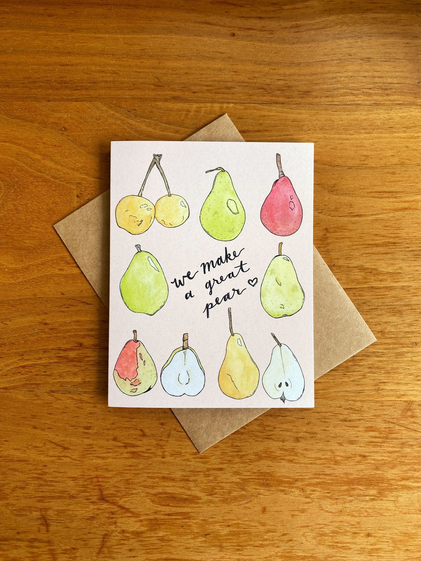 "We make a great pear" pear pun watercolor greeting card