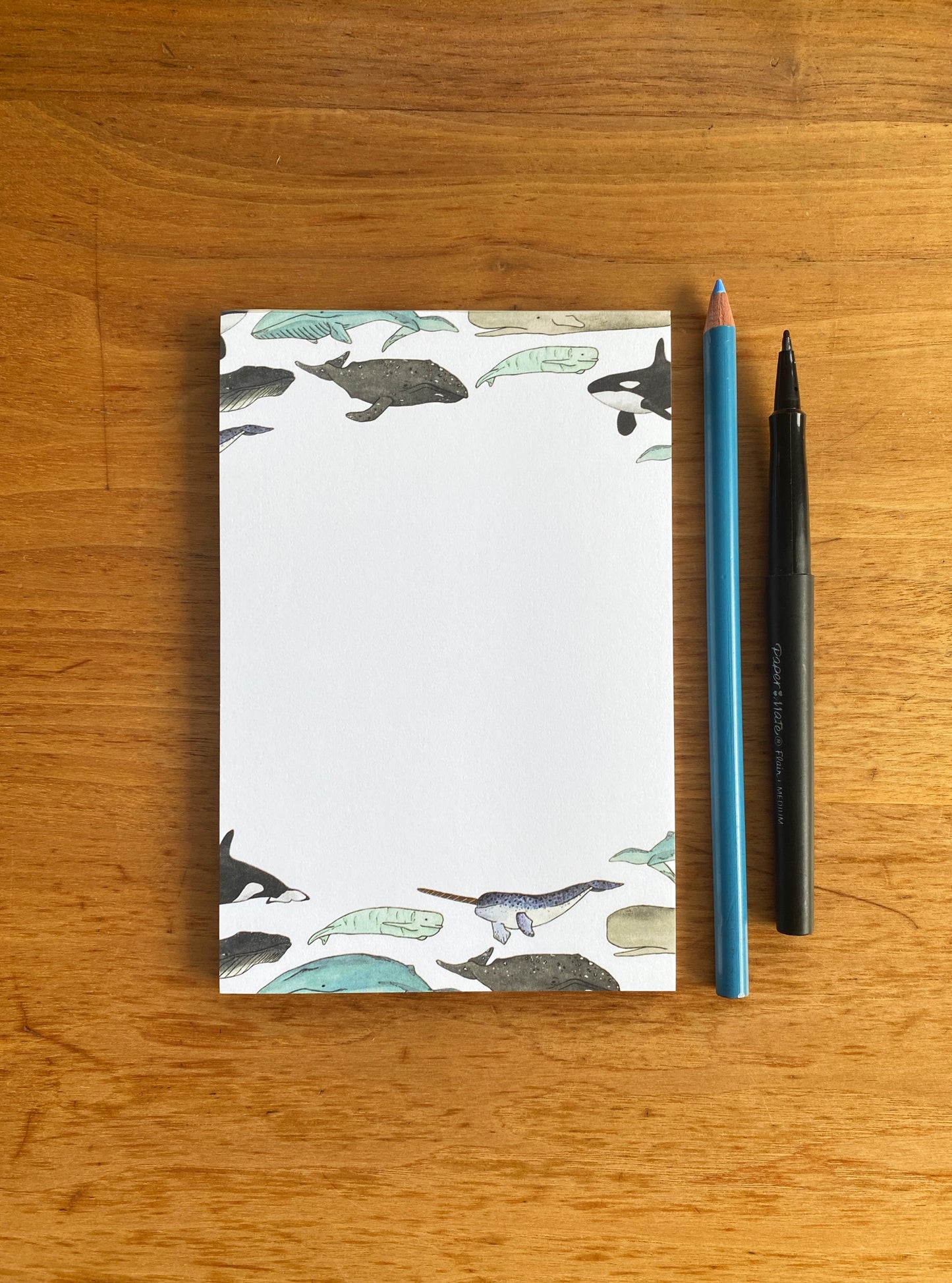 4" x 6" blank notepad with watercolor whales