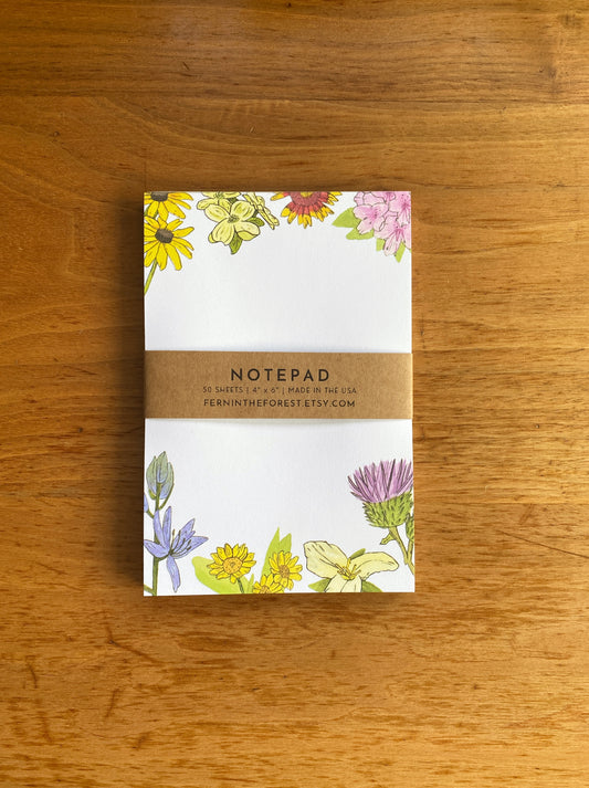 4" x 6" blank notepad with watercolor wildflowers