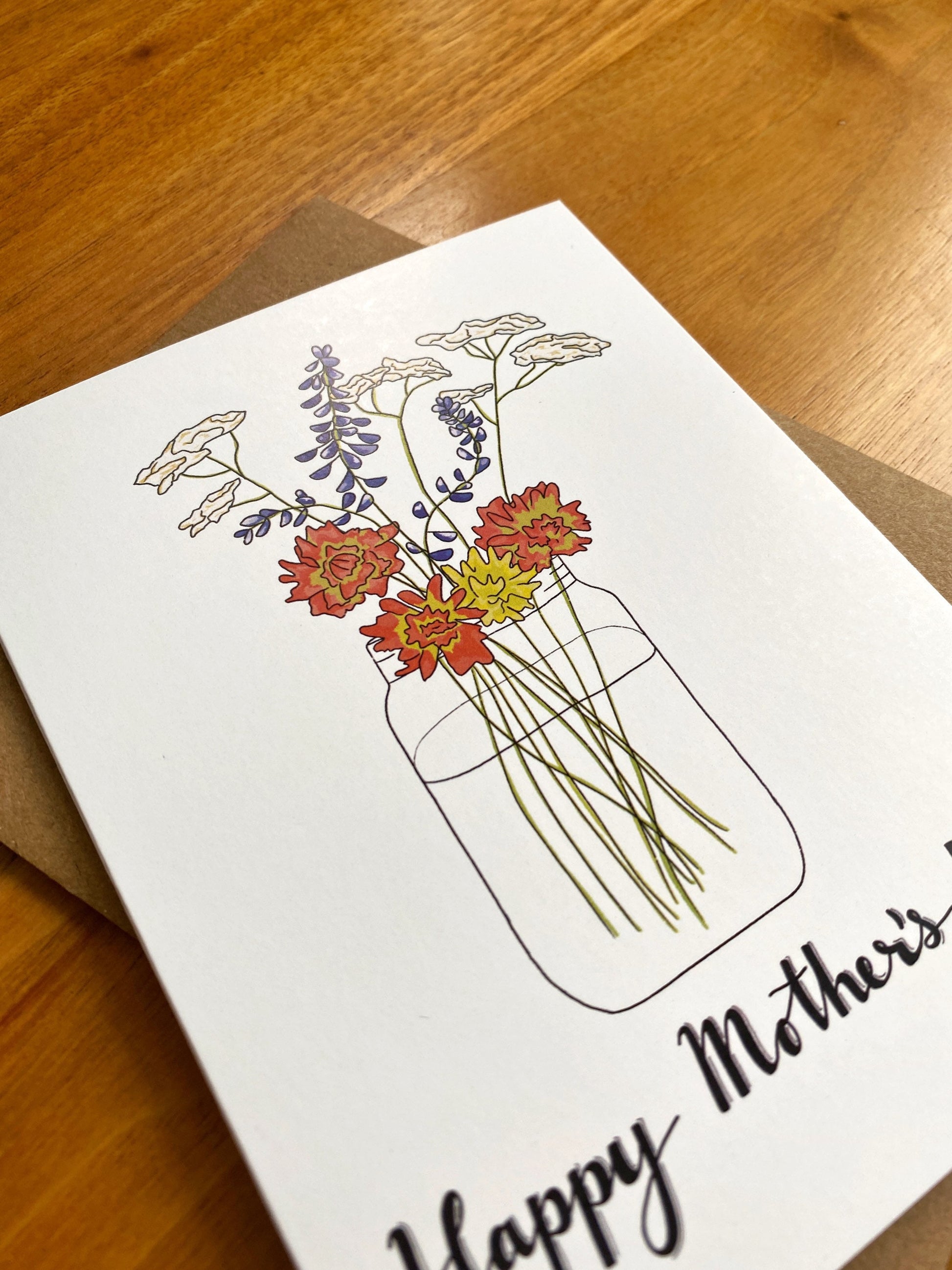 Greeting card with a wildflower bouquet in a mason jar and says "happy mother's day"