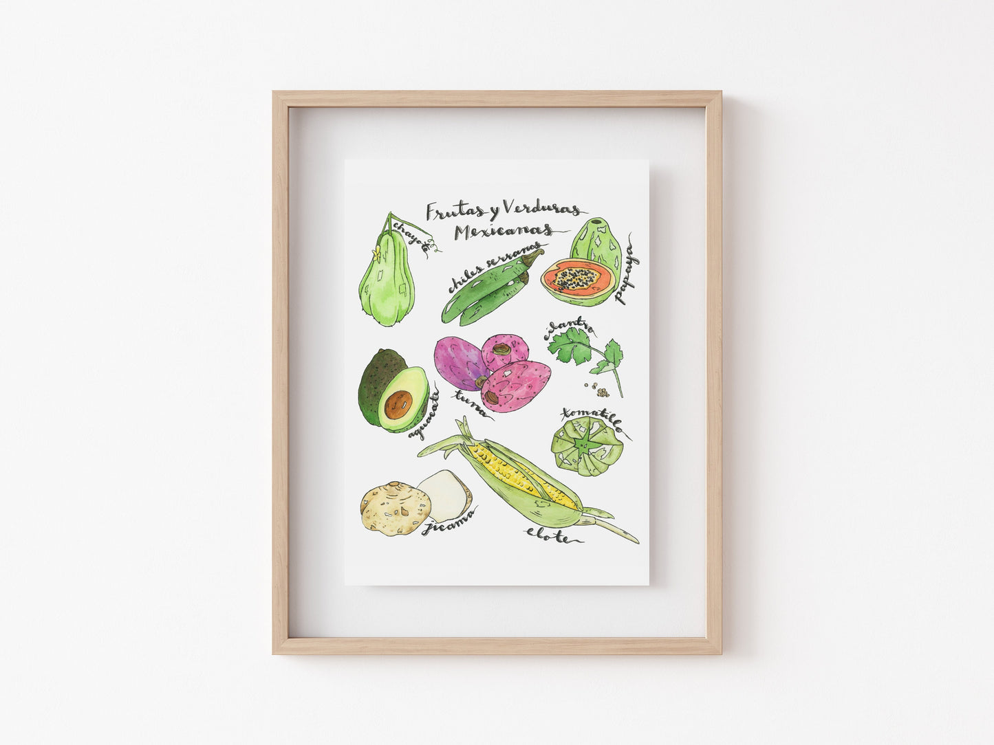 8" x 10" watercolor mexican food print with food and "Frutas y Verduras Mexicanas" written