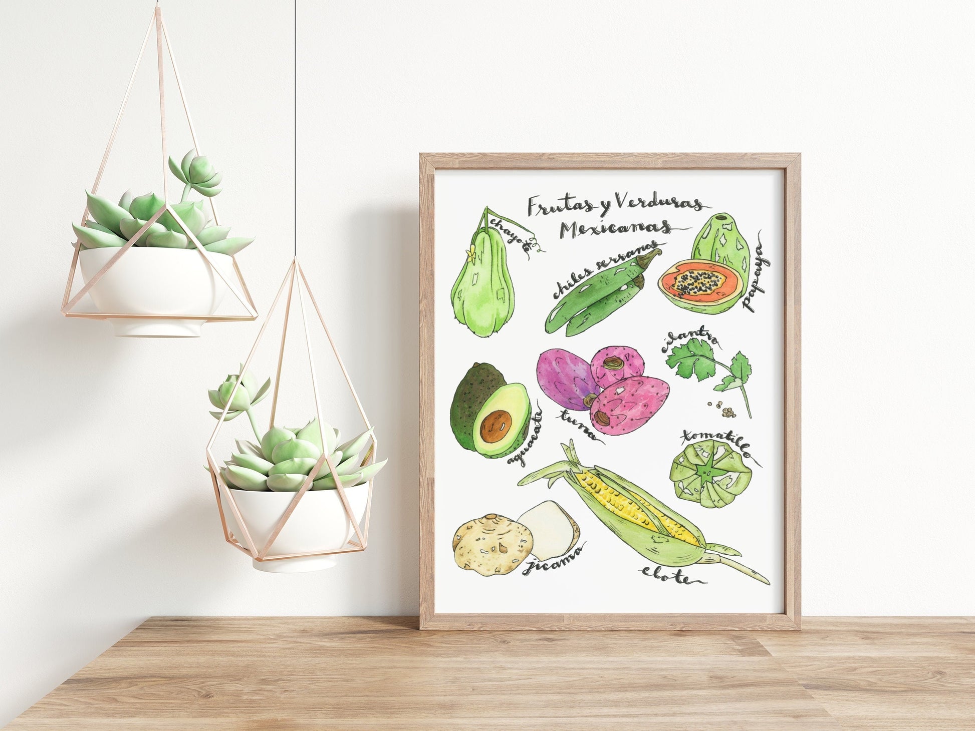 8" x 10" watercolor mexican food print with food and "Frutas y Verduras Mexicanas" written