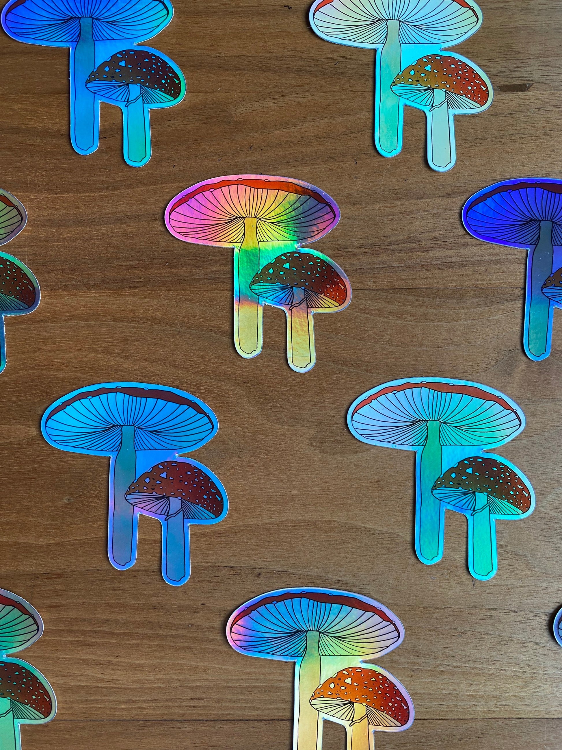 Holographic amanita mushroom waterproof sticker